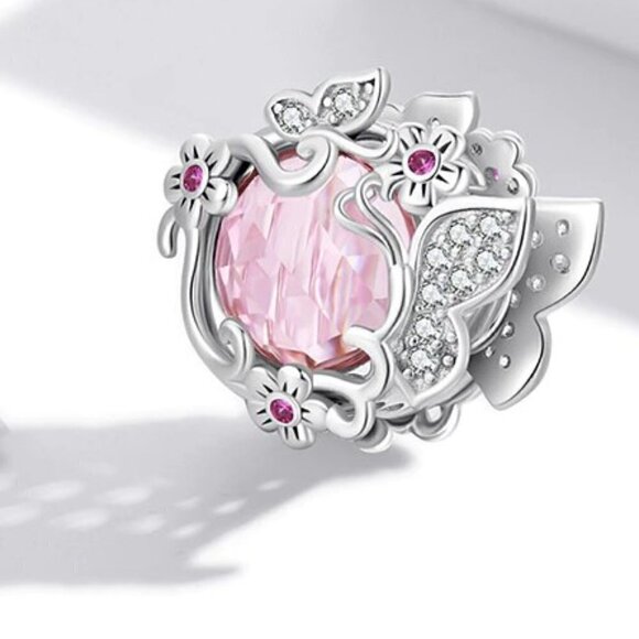 Sterling Silver Cubic Zirconia Butterfly Flower Garden Charm - Picture 5 of 6